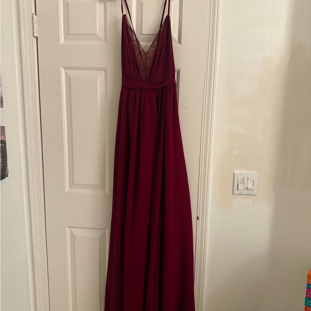 Luxxel Burgundy Lace-Inset Spaghetti Strap Maxi Dress